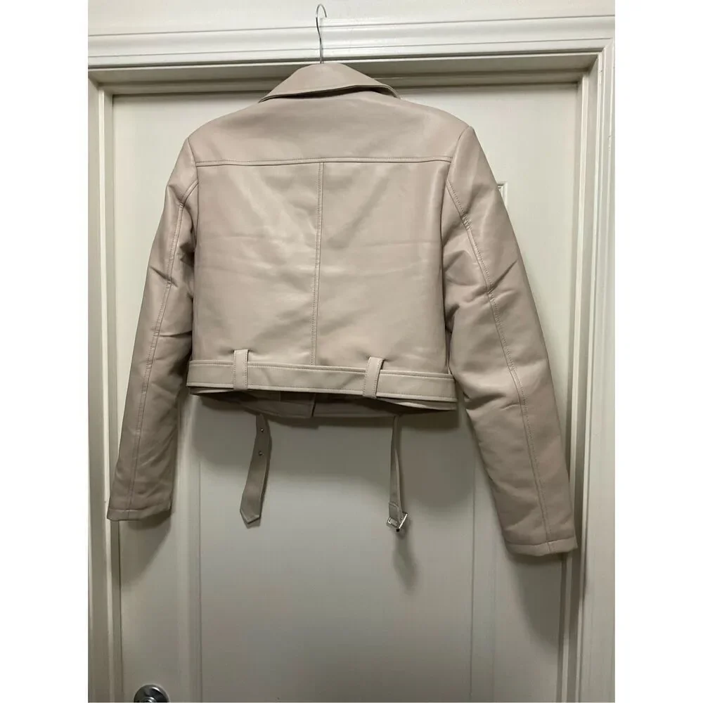Azalea Wang Faux Leather Beige Moto Cropped Jacket (Size L)
